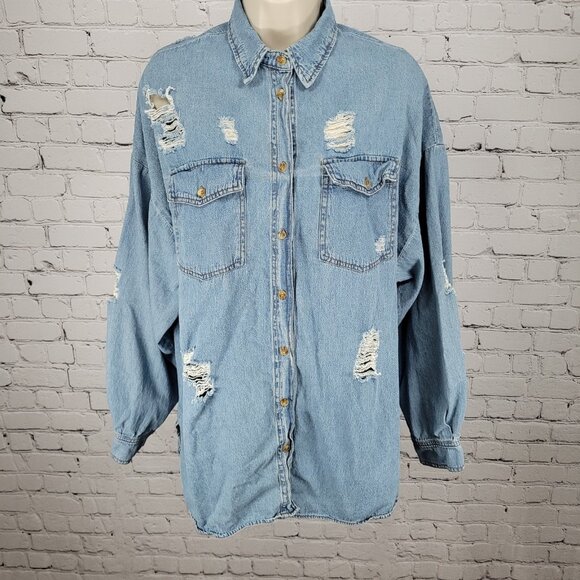 Signature 8 Blue Chambray Distressed Urban Streetwear Denim Button Shirt Small S - Picture 1 of 12